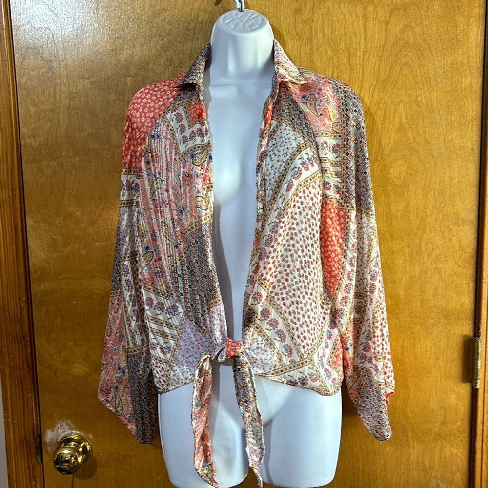 Adora size S tie front shirt. Silky chiffon with gold metallic thread accents.